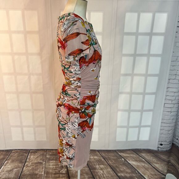Kay Unger Dusty Pink Floral Short Sleeve Ruched Bodycon Dress Medium - Picture 4 of 11